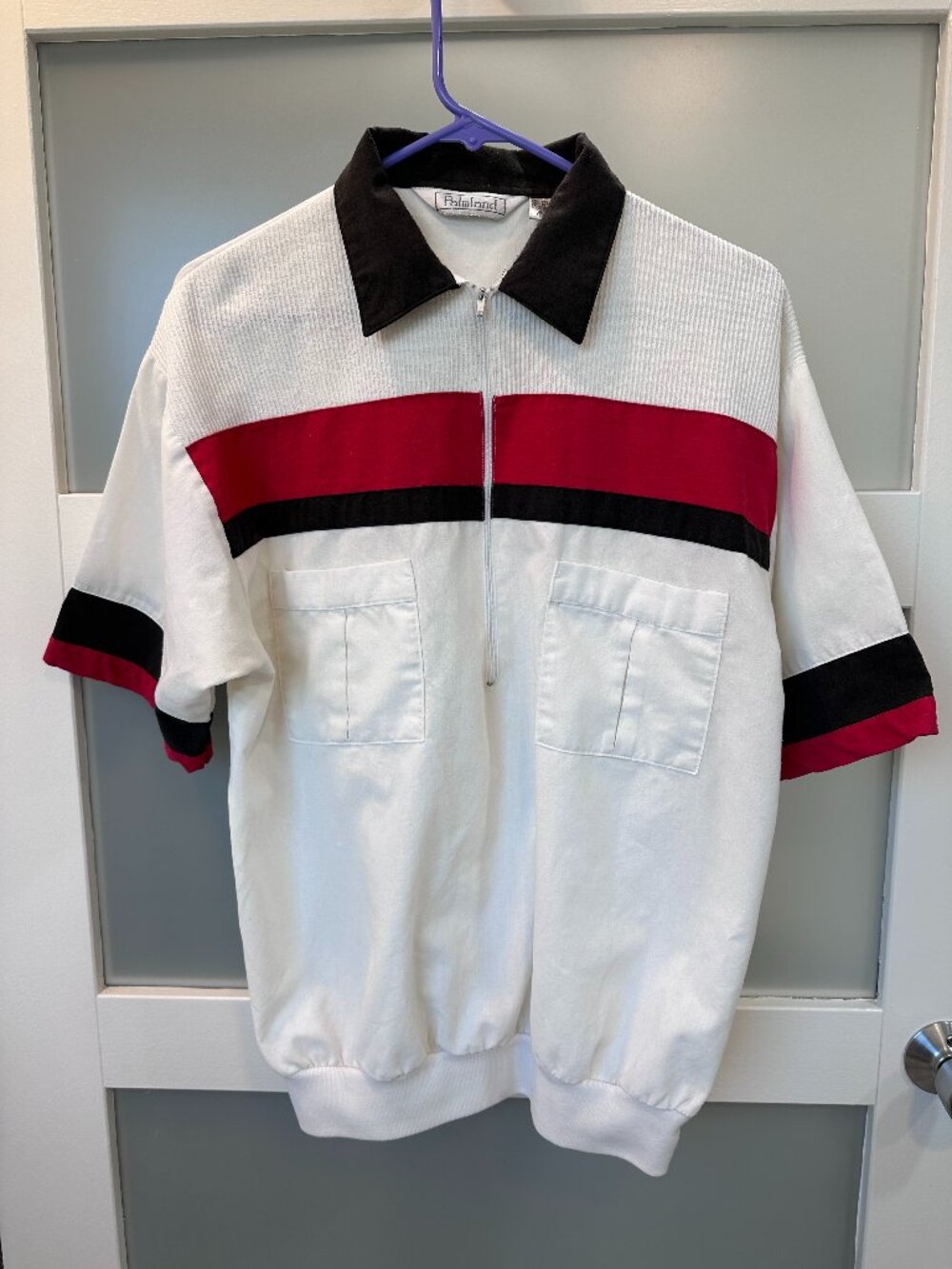 Vintage 80s Palmland Zip Polo Shirt White Red Black Striped Pockets Knit Golf